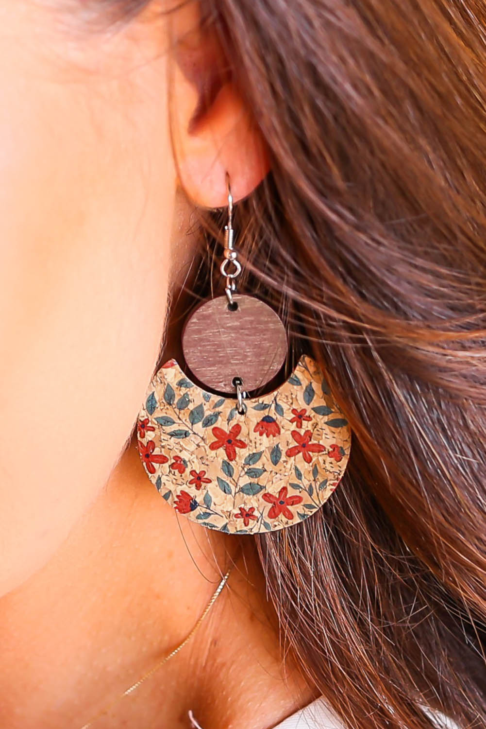 Multicolor Vintage Floral Print Geometric Wood Earrings - Dixie Hike & Style