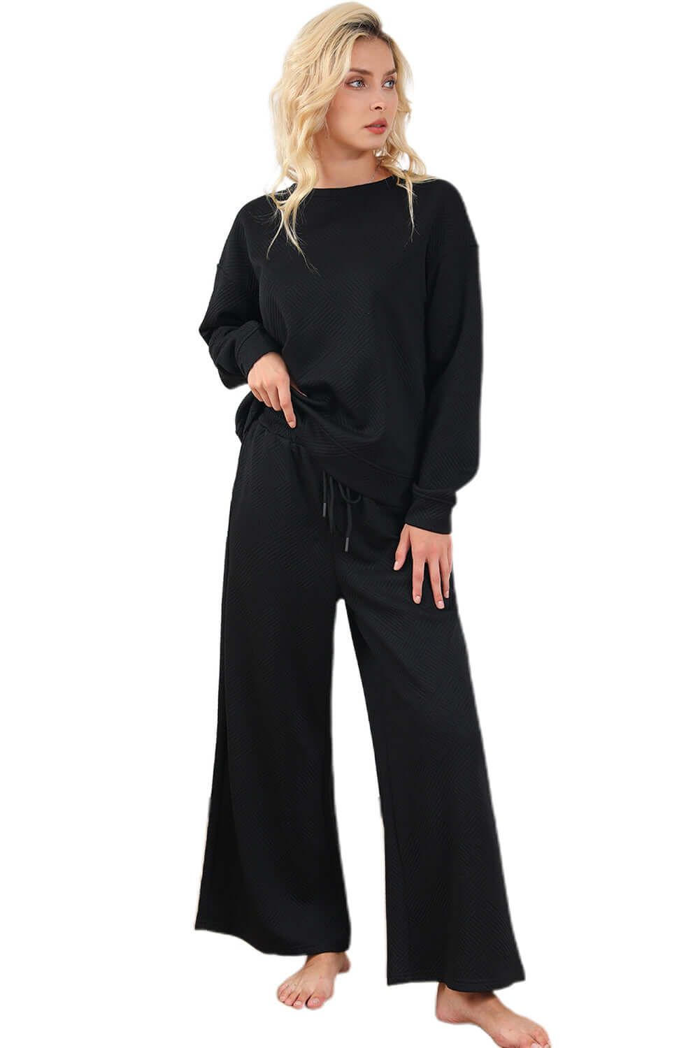Black Ultra Loose Textured 2pcs Slouchy Outfit - Dixie Hike & Style