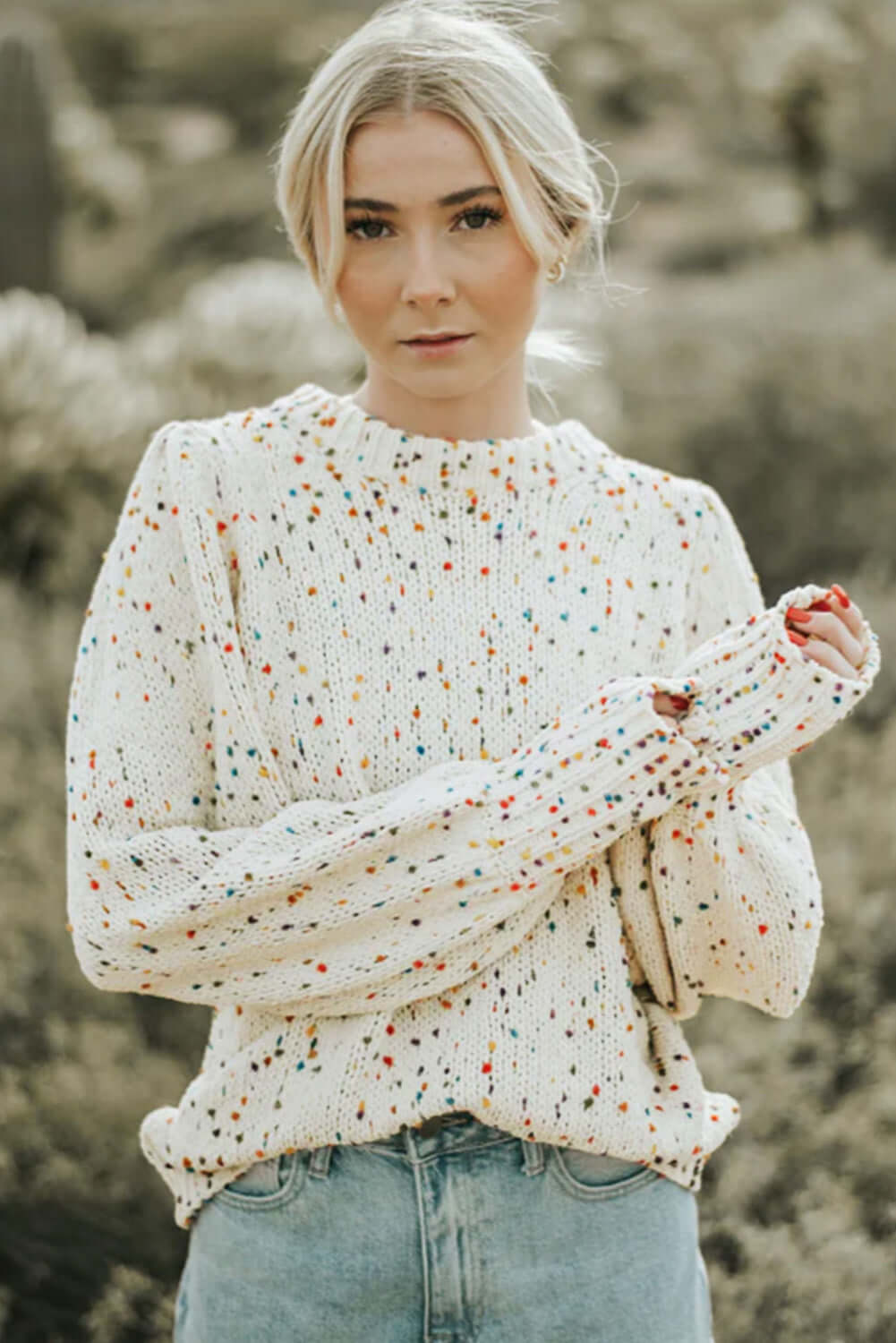 Beige Colorful Dots Cable Knit Crew Neck Sweater - Dixie Hike & Style