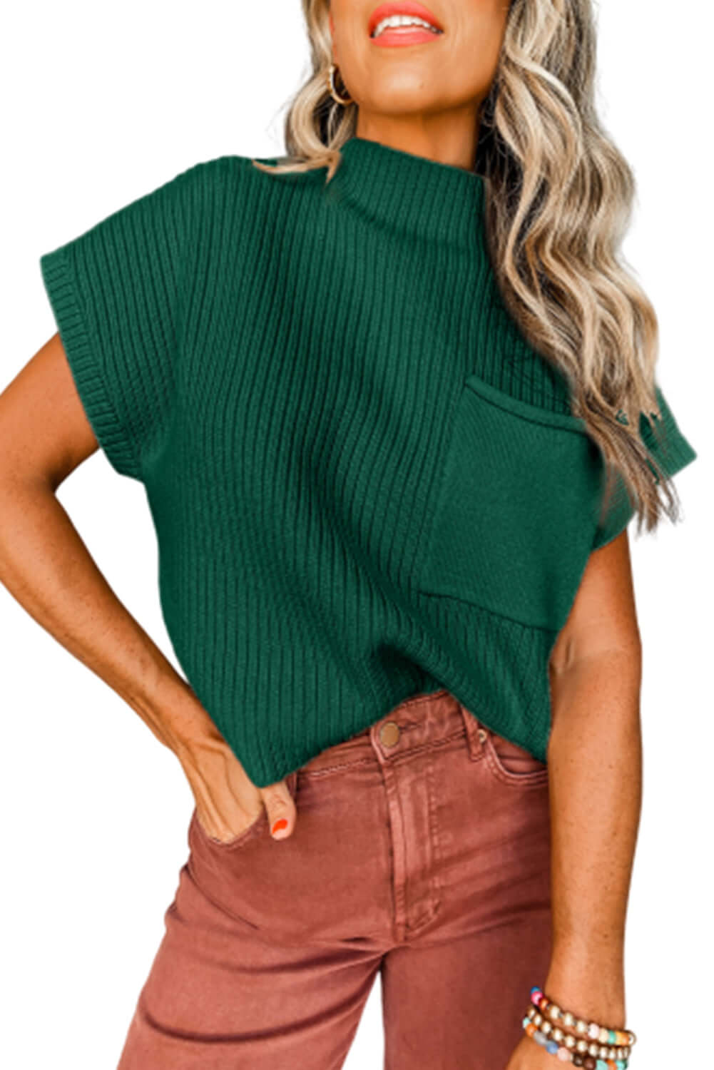 Blackish Green Patch Pocket Ribbed Knit Short Sleeve Sweater - Dixie Hike & Style