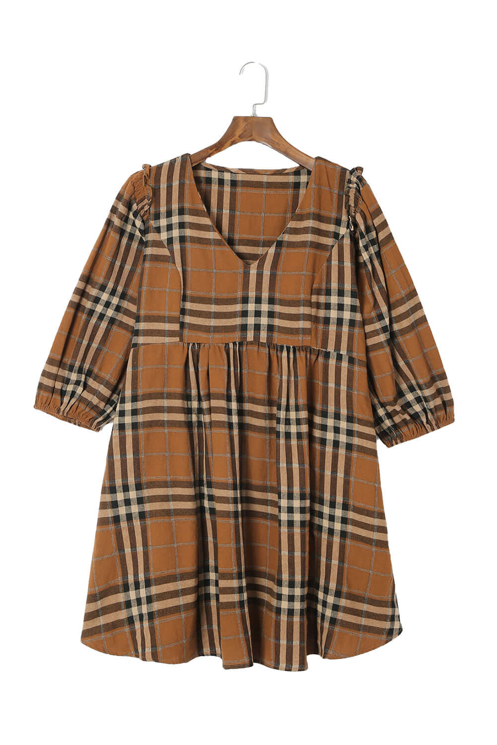 Brown Plaid Pattern Empire Waist Babydoll Dress - Dixie Hike & Style
