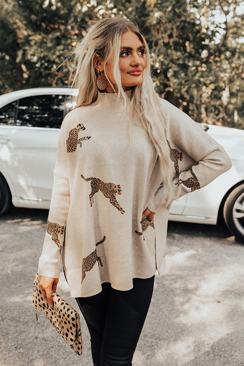 Parchment Lively Cheetah Print High Neck Split Hem Sweater - Dixie Hike & Style