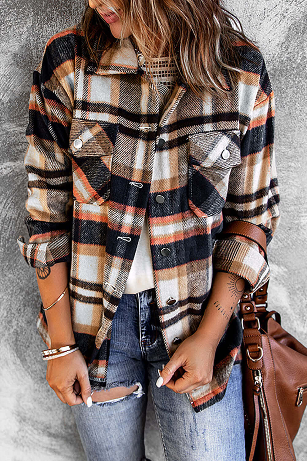 Geometric Plaid Print Pocketed Shacket - Dixie Hike & Style