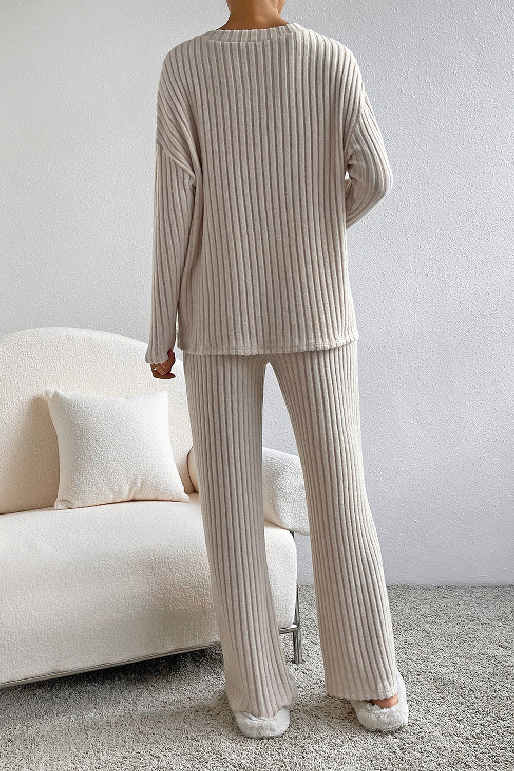 Khaki Ribbed Knit V Neck Slouchy Two-piece Outfit - Dixie Hike & Style
