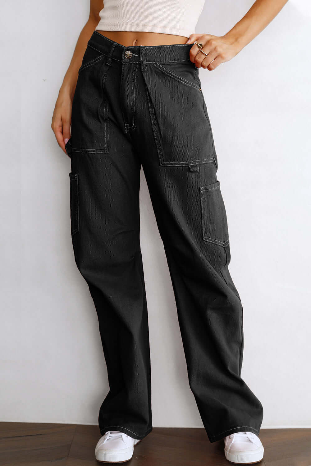 Black High Waist Straight Leg Cargo Pants with Pockets - Dixie Hike & Style