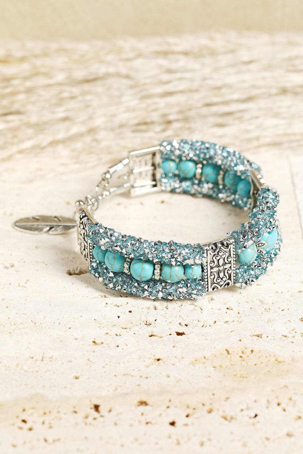 Green Western Turquoise Beads Rhinestone Carved Bracelet - Dixie Hike & Style