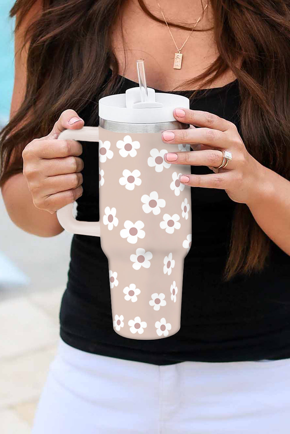 Parchment Floret Print Stainless Tumbler With Lid And Straw - Dixie Hike & Style