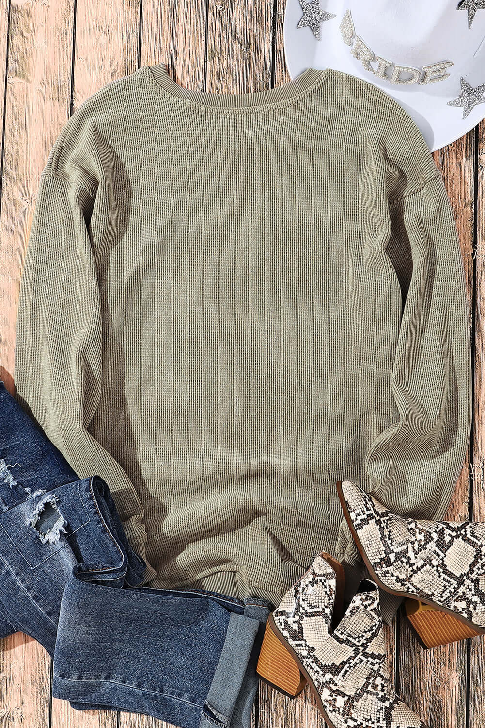 Green Solid Ribbed Knit Round Neck Pullover Sweatshirt - Dixie Hike & Style