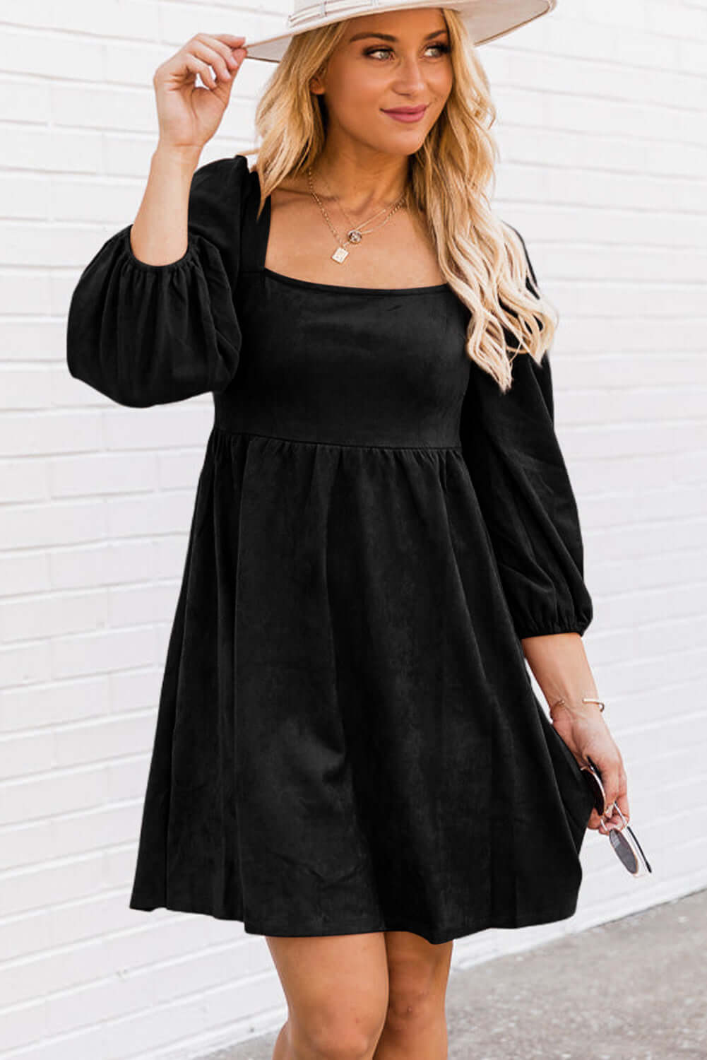 Black Suede Square Neck Puff Sleeve Dress - Dixie Hike & Style