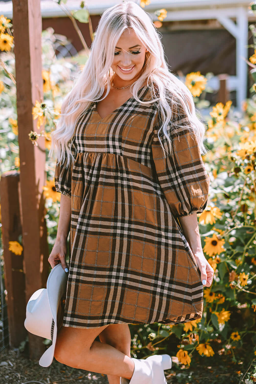 Brown Plaid Pattern Empire Waist Babydoll Dress - Dixie Hike & Style