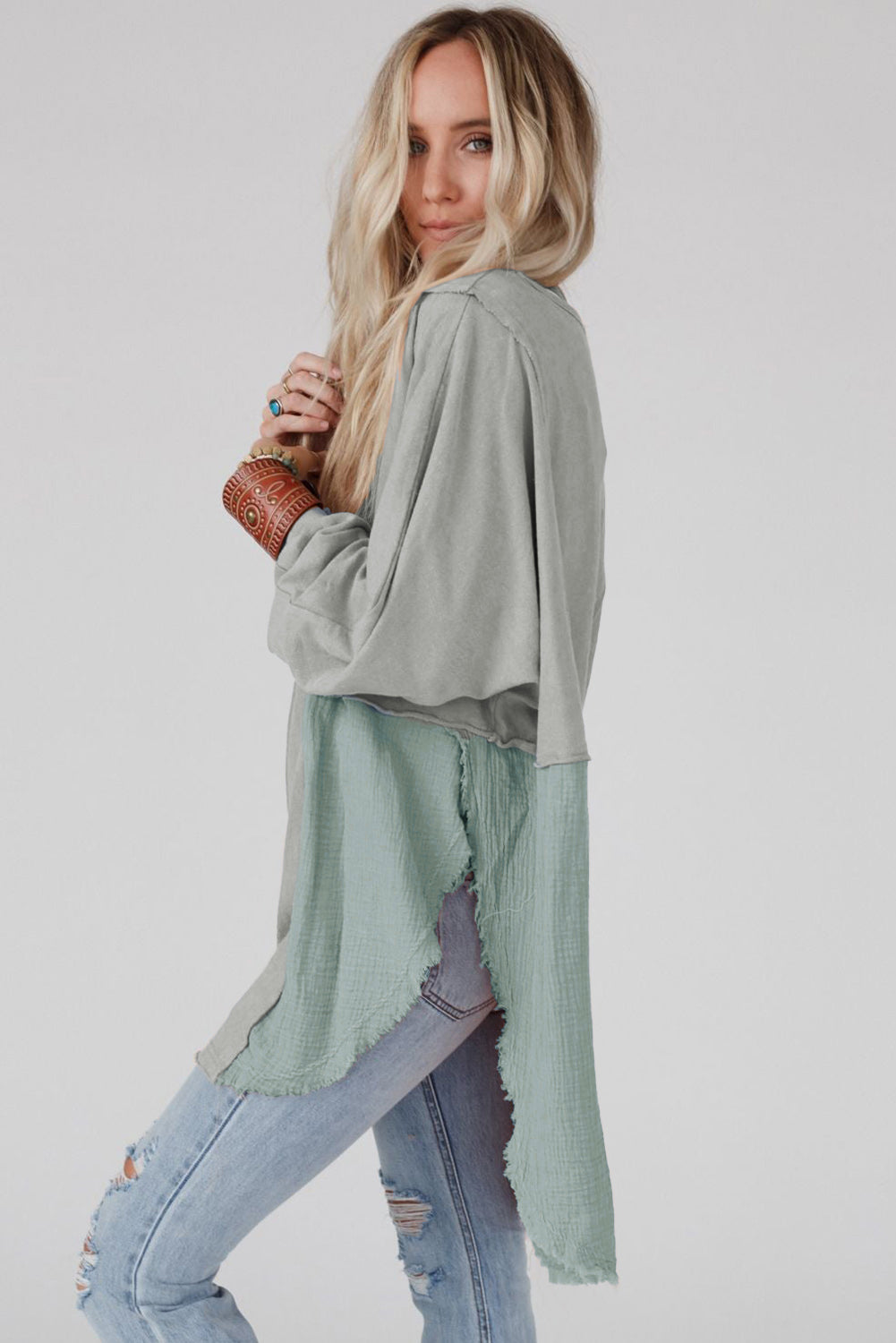 Grey Crinkle Splicing Raw Hem High Low Oversized Blouse - Dixie Hike & Style