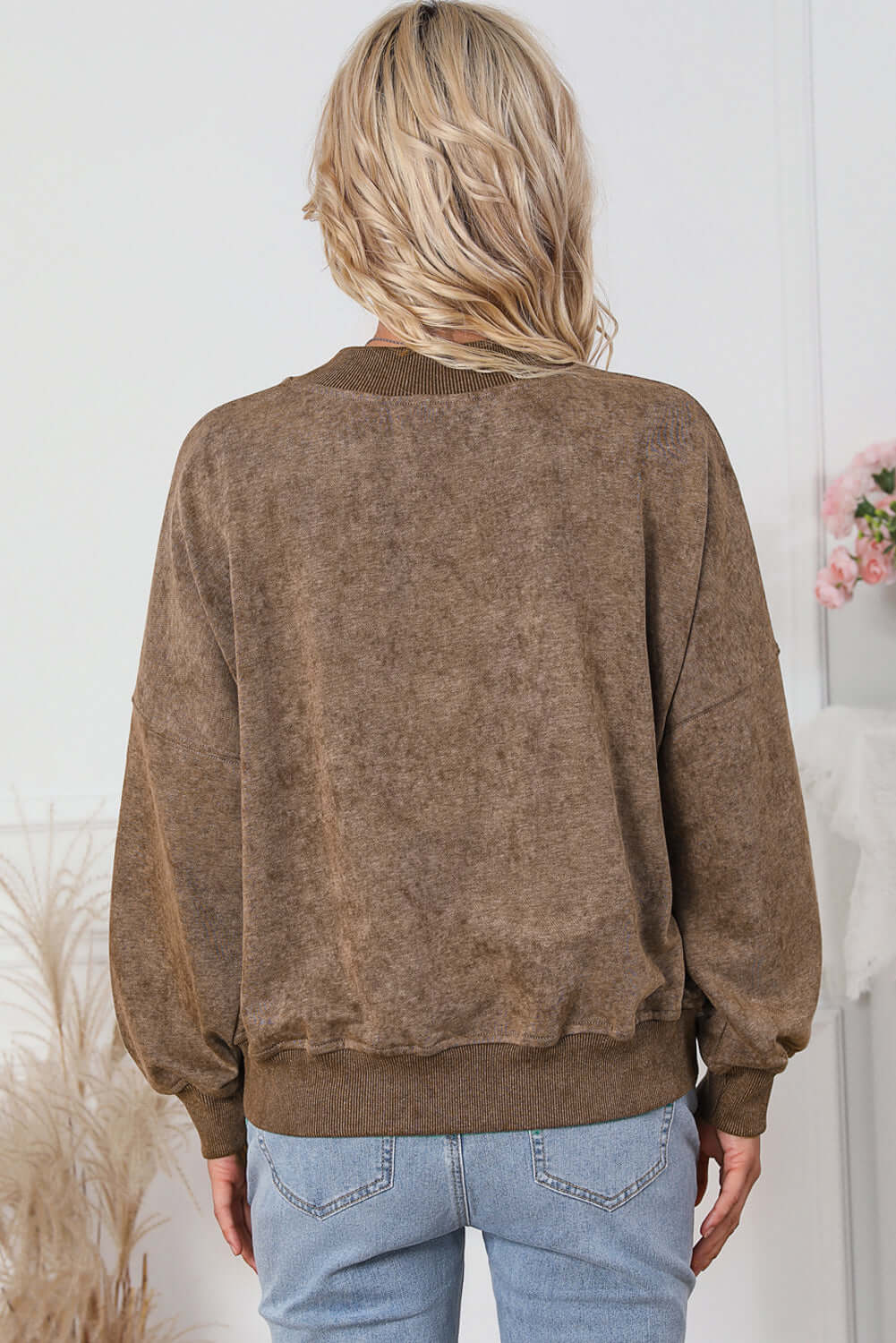 Brown Drop Shoulder Crew Neck Pullover Sweatshirt - Dixie Hike & Style