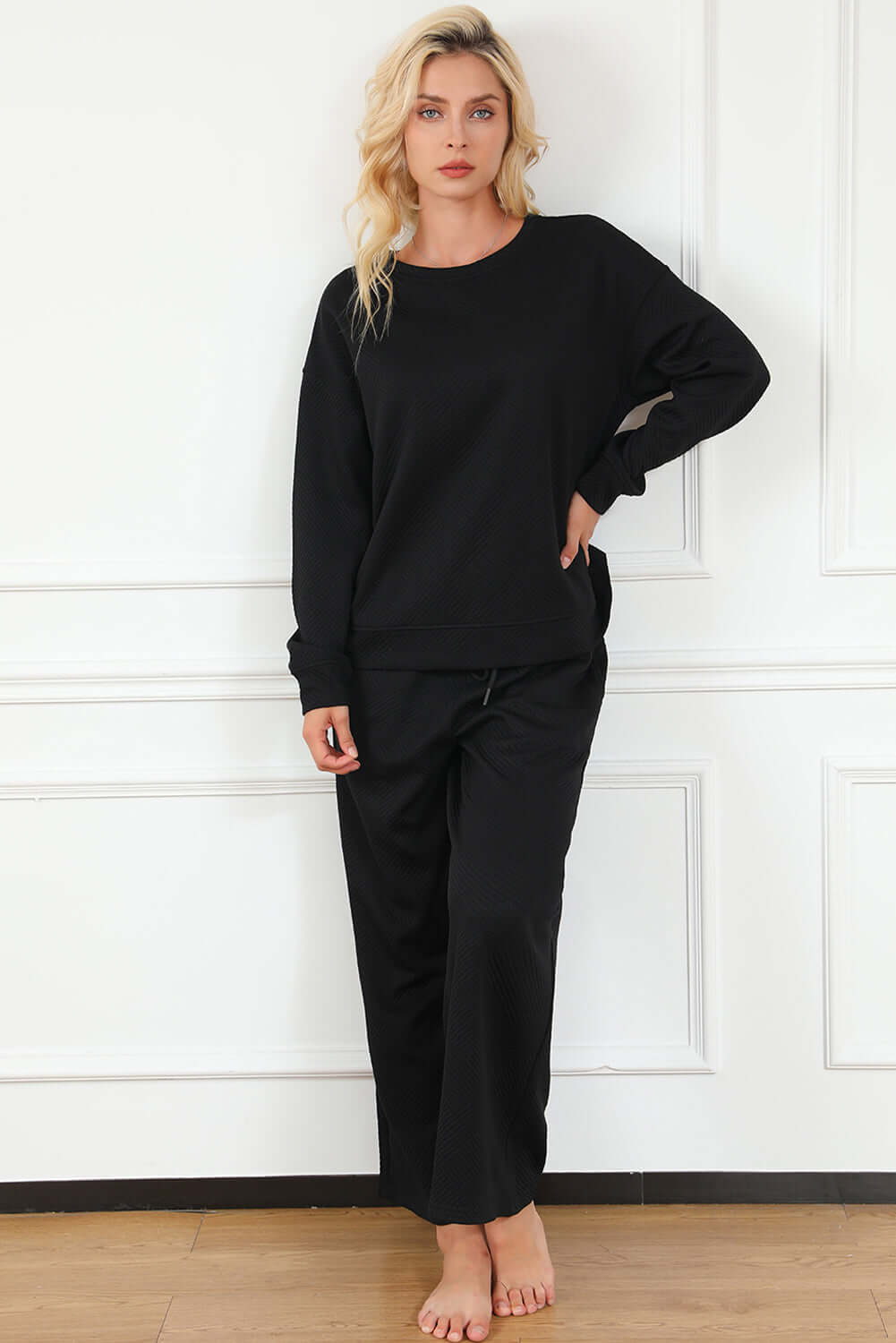 Black Ultra Loose Textured 2pcs Slouchy Outfit - Dixie Hike & Style