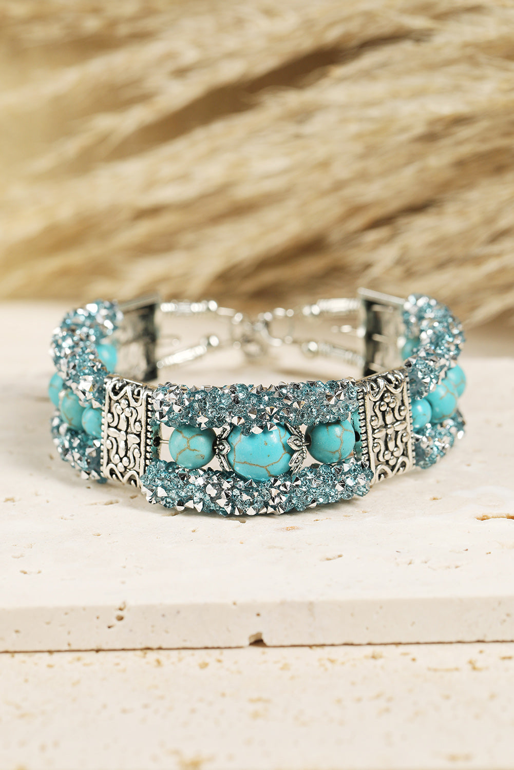 Green Western Turquoise Beads Rhinestone Carved Bracelet - Dixie Hike & Style