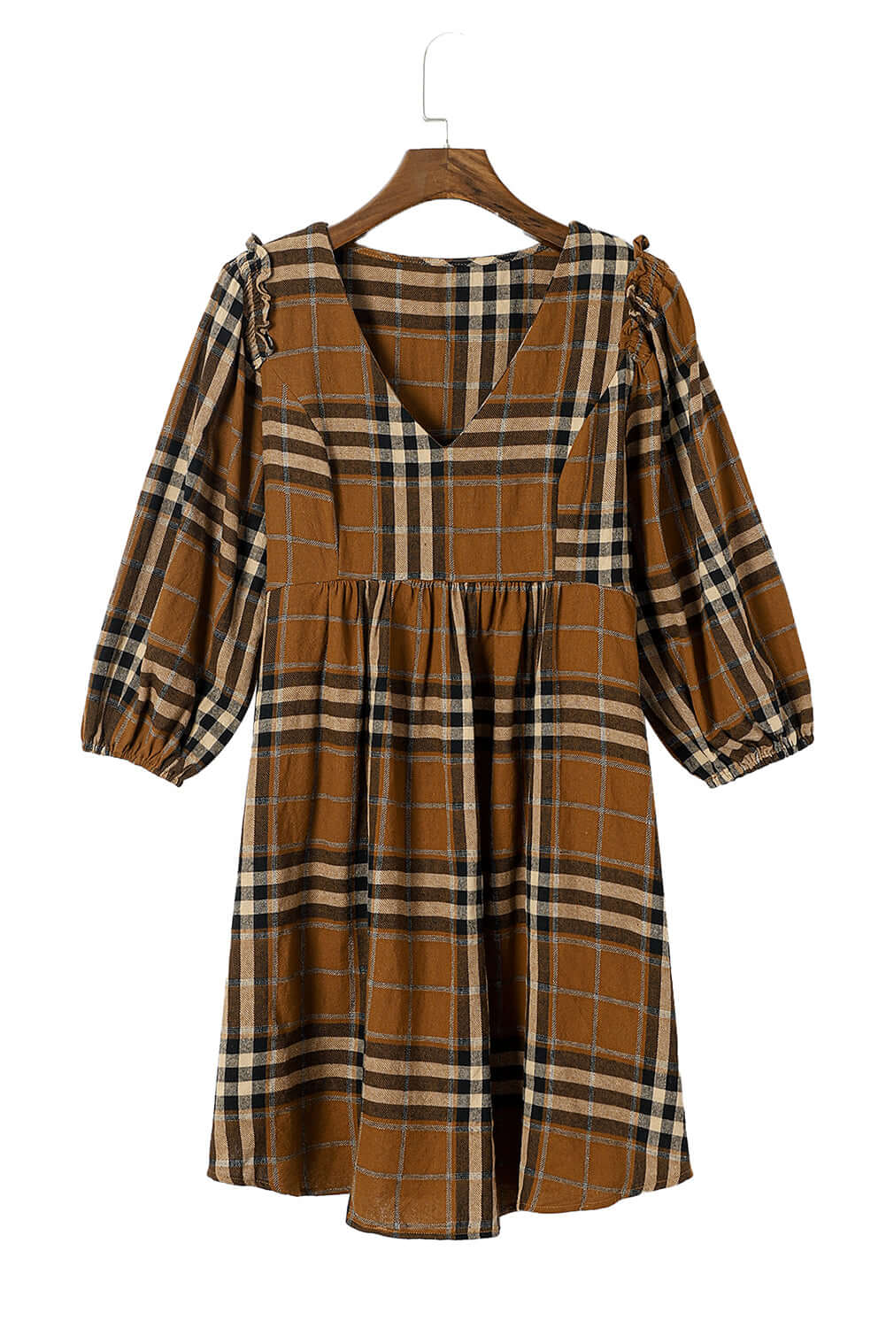 Brown Plaid Pattern Empire Waist Babydoll Dress - Dixie Hike & Style