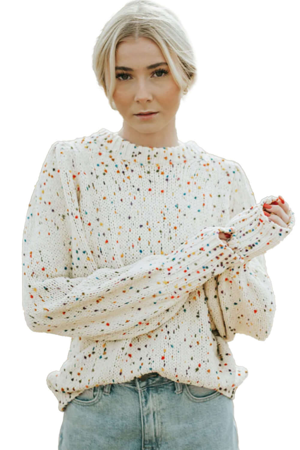 Beige Colorful Dots Cable Knit Crew Neck Sweater - Dixie Hike & Style