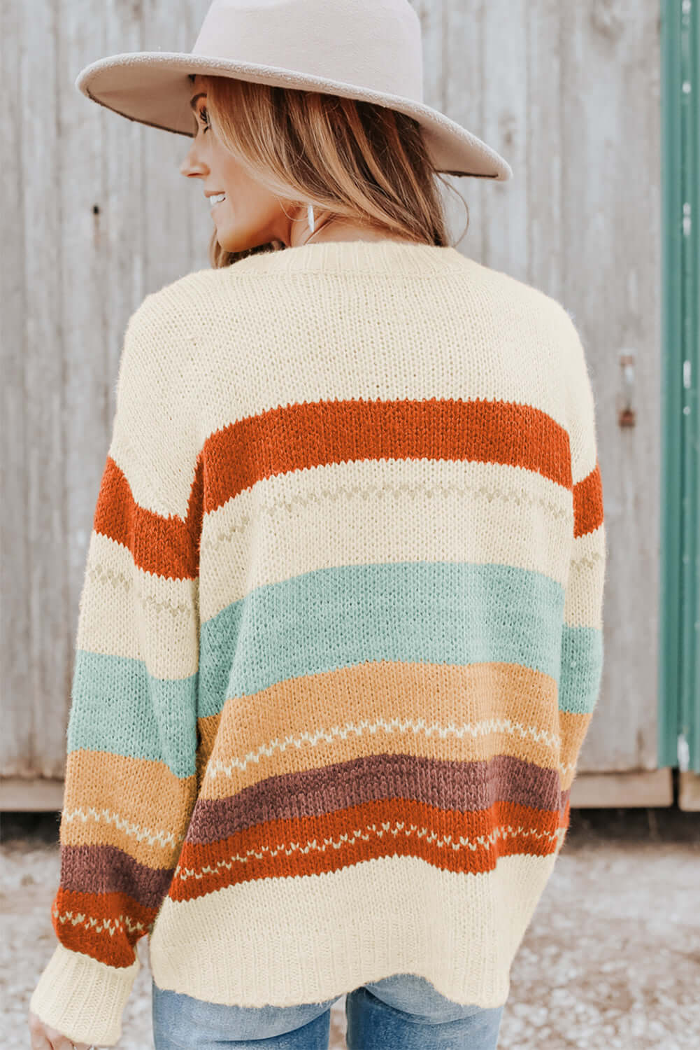 Crew Neck Drop-shoulder Striped Color Block Sweater - Dixie Hike & Style