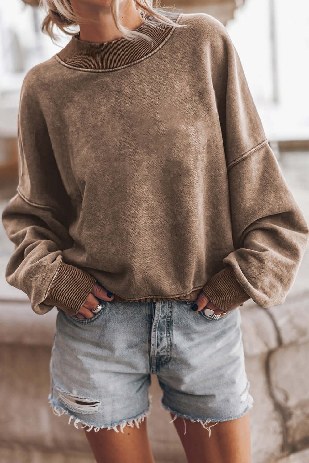 Brown Drop Shoulder Crew Neck Pullover Sweatshirt - Dixie Hike & Style