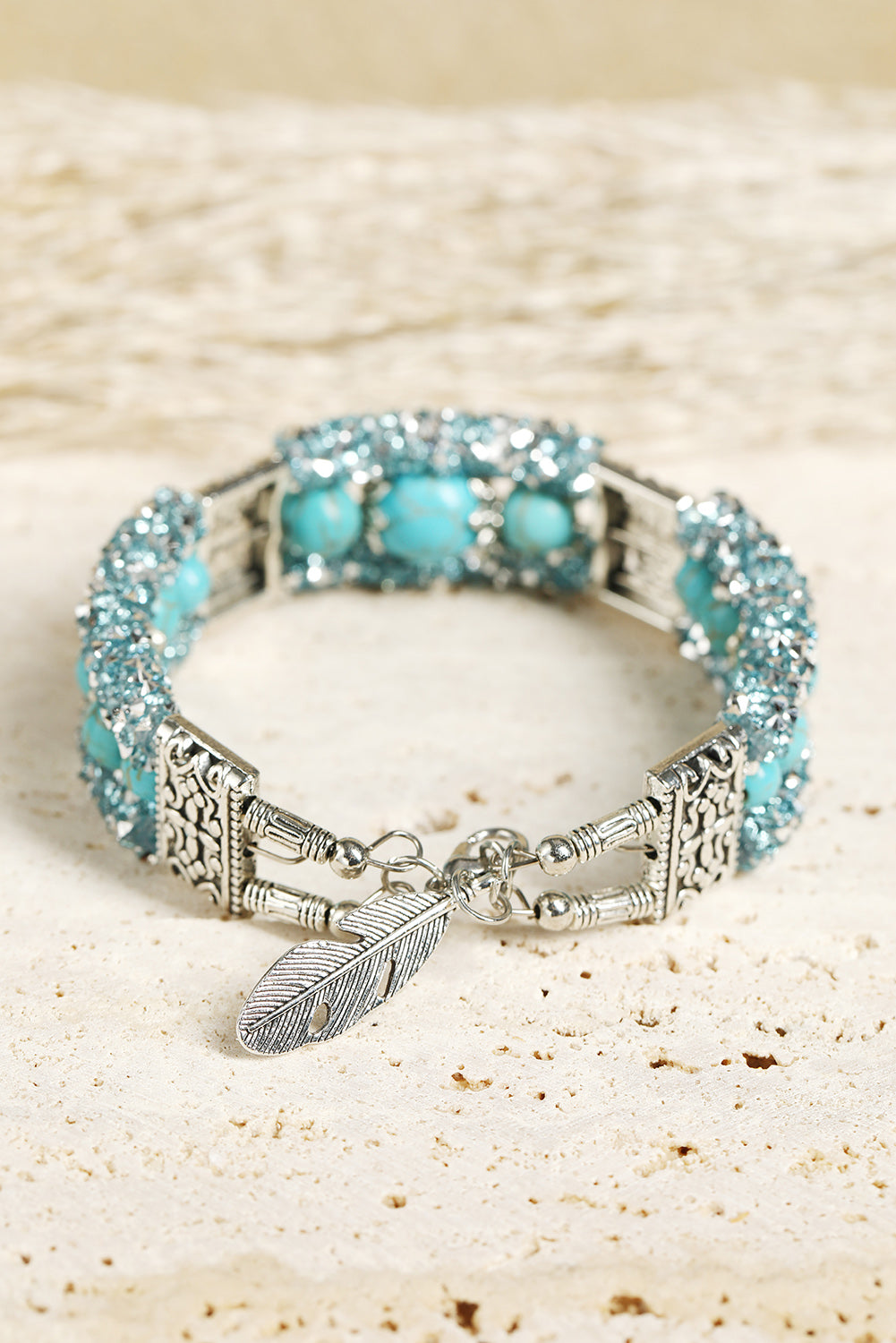 Green Western Turquoise Beads Rhinestone Carved Bracelet - Dixie Hike & Style
