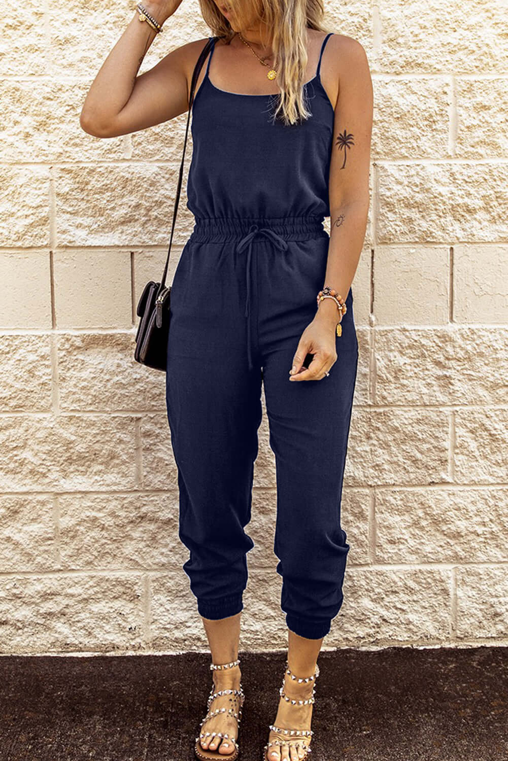 Blue Drawstring Waist Spaghetti Straps Jumpsuit - Dixie Hike & Style