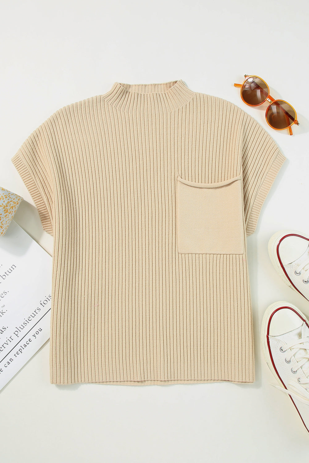 Oatmeal Patch Pocket Ribbed Knit Short Sleeve Sweater - Dixie Hike & Style