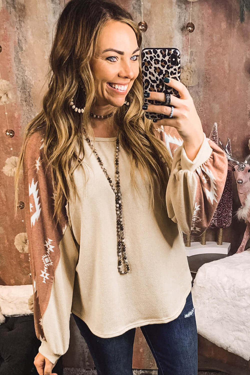 Apricot Western Print Patch Long Sleeve Top - Dixie Hike & Style