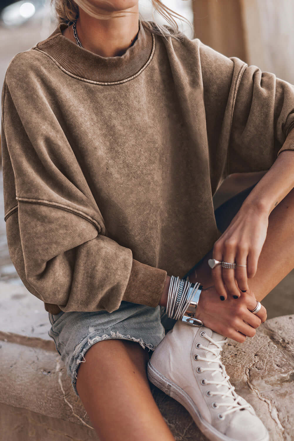 Brown Drop Shoulder Crew Neck Pullover Sweatshirt - Dixie Hike & Style