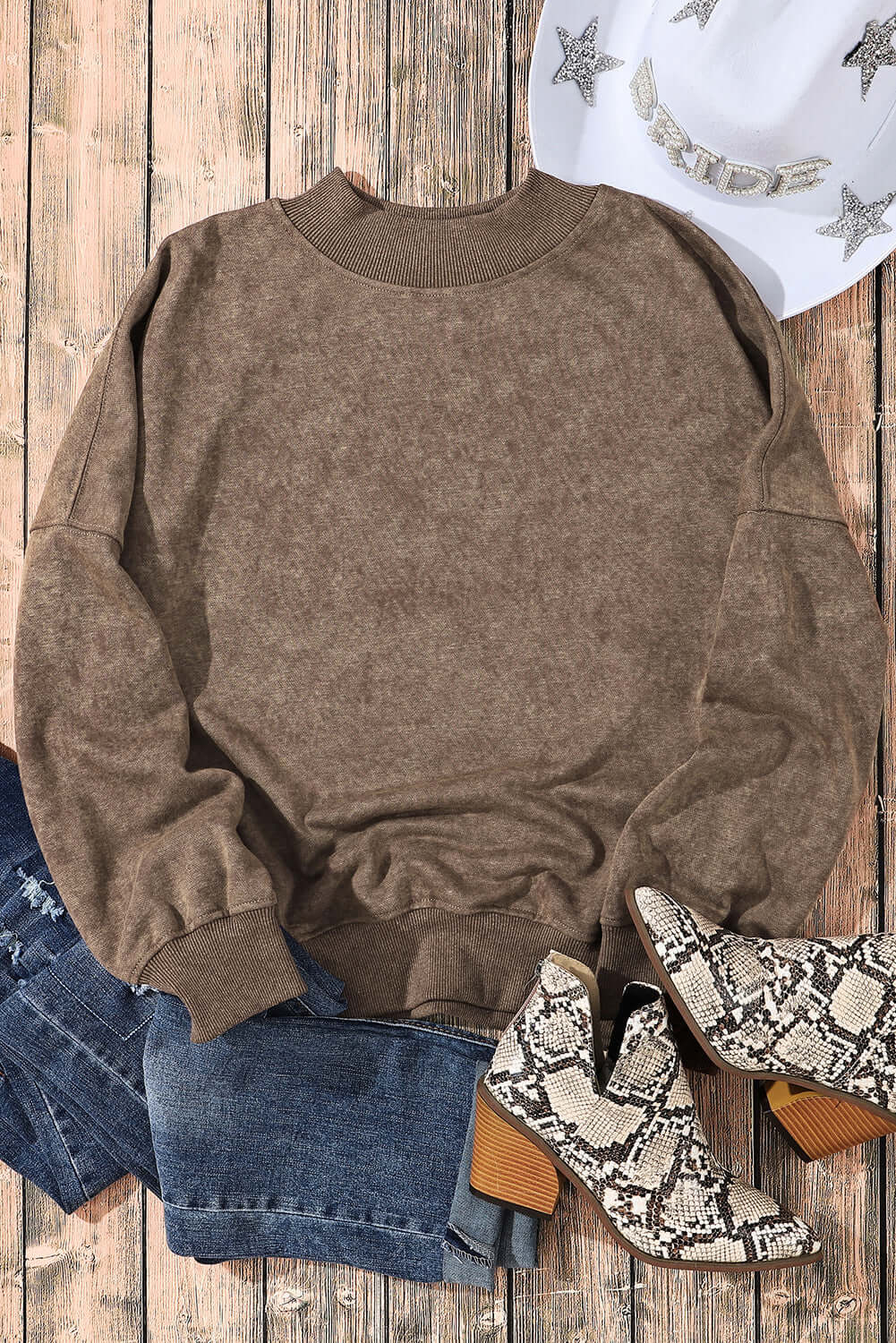 Brown Drop Shoulder Crew Neck Pullover Sweatshirt - Dixie Hike & Style