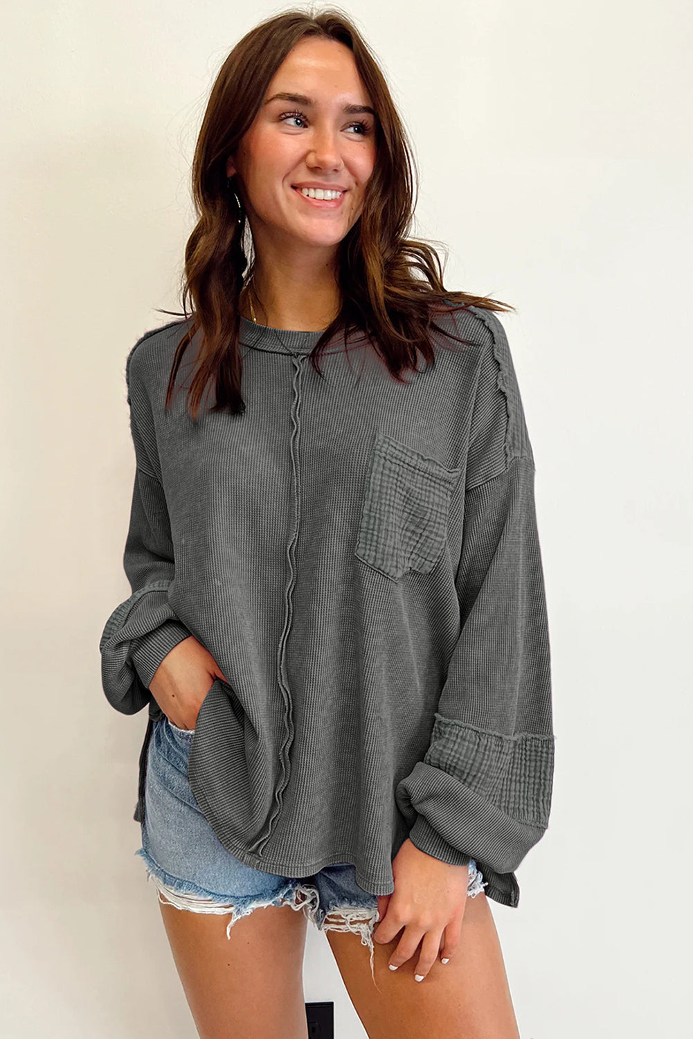 Gray Exposed Seam Patchwork Bubble Sleeve Waffle Knit Top - Dixie Hike & Style
