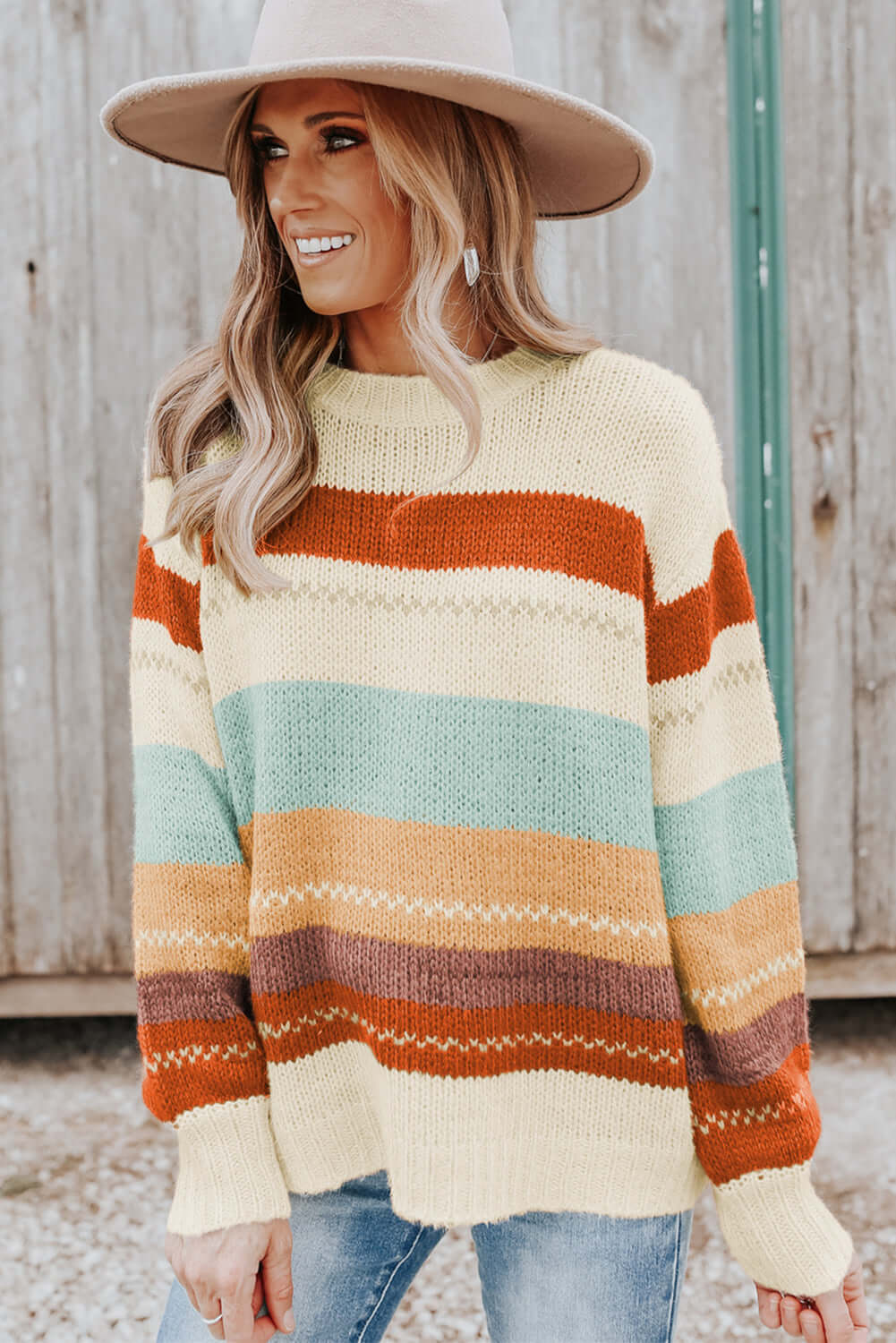 Crew Neck Drop-shoulder Striped Color Block Sweater - Dixie Hike & Style