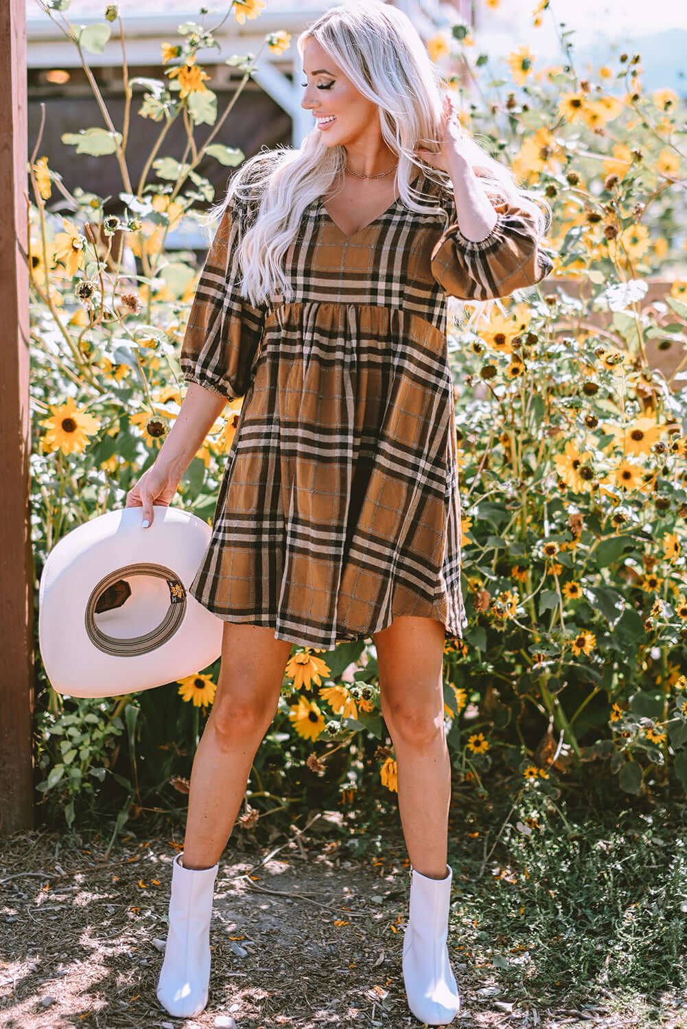 Brown Plaid Pattern Empire Waist Babydoll Dress - Dixie Hike & Style