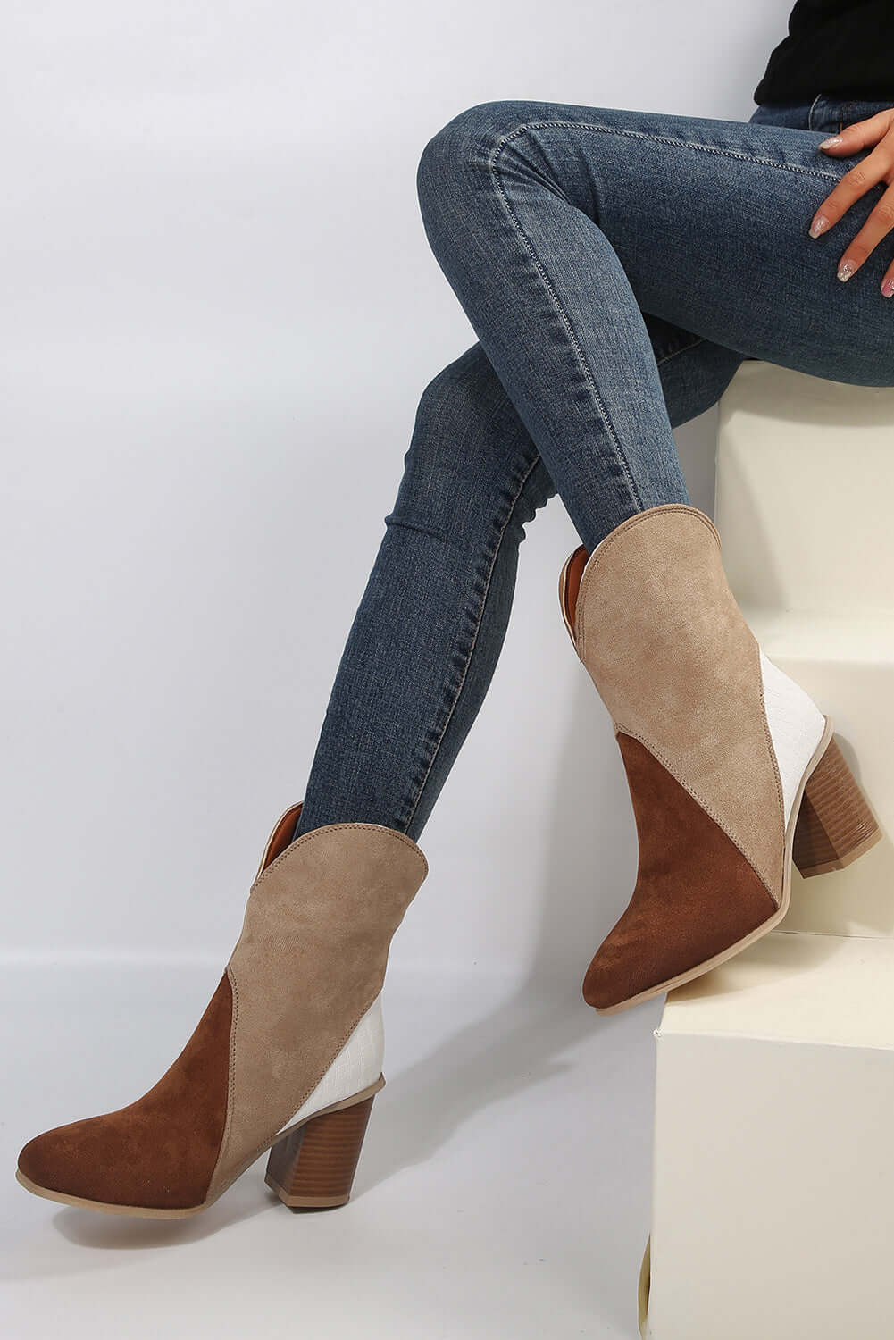 Chestnut Colorblock Suede Heeled Ankle Booties - Dixie Hike & Style