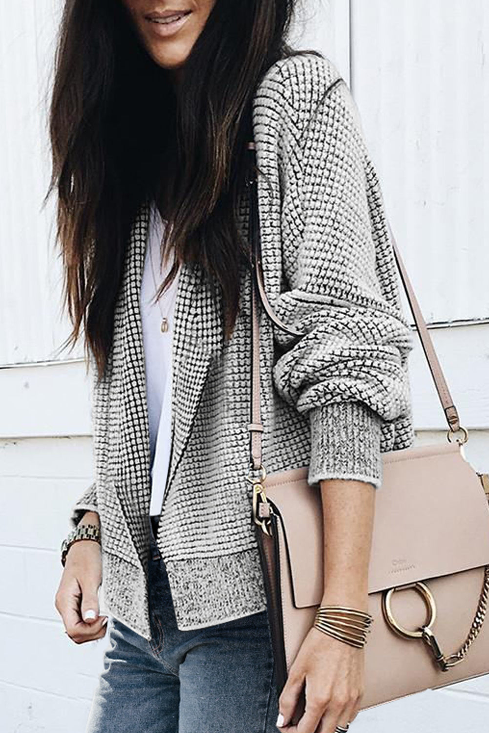 Grey Plaid Contrast Trim Open Front Cardigan - Dixie Hike & Style