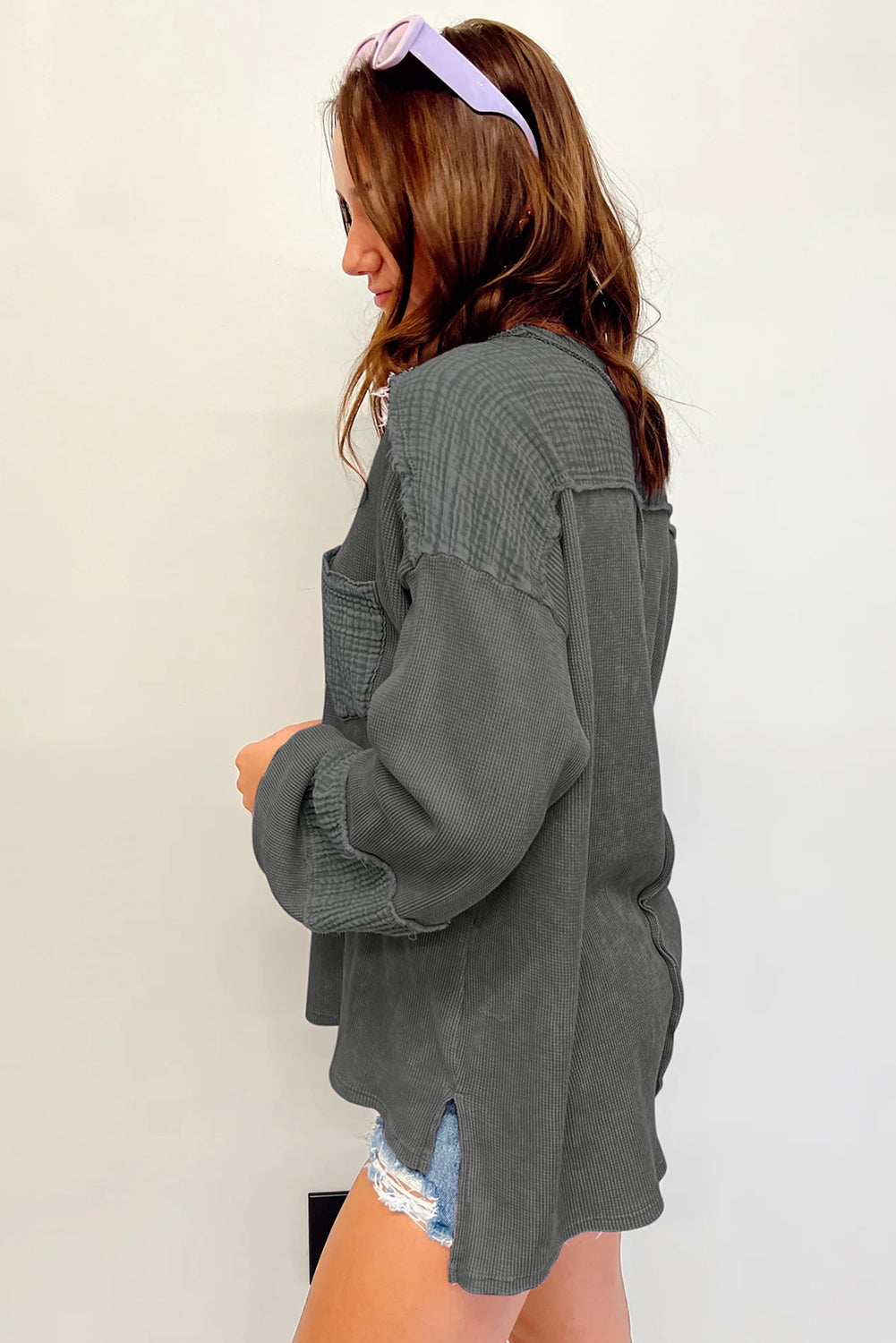 Gray Exposed Seam Patchwork Bubble Sleeve Waffle Knit Top - Dixie Hike & Style