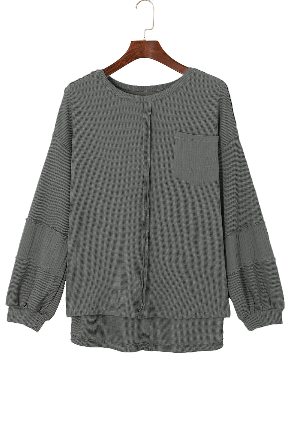 Gray Exposed Seam Patchwork Bubble Sleeve Waffle Knit Top - Dixie Hike & Style