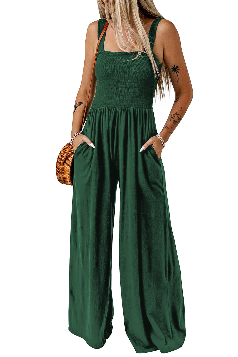Green Smocked Sleeveless Wide Leg Jumpsuit with Pockets - Dixie Hike & Style