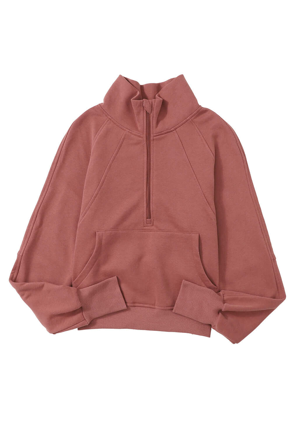 Brown Zip Up Stand Collar Ribbed Thumbhole Sleeve Sweatshirt - Dixie Hike & Style