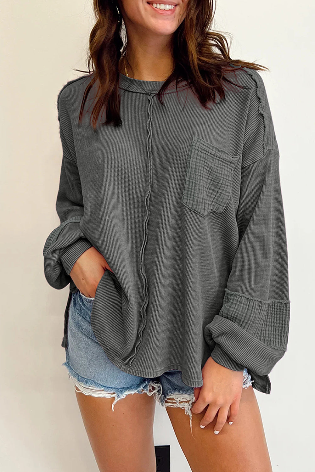Gray Exposed Seam Patchwork Bubble Sleeve Waffle Knit Top - Dixie Hike & Style