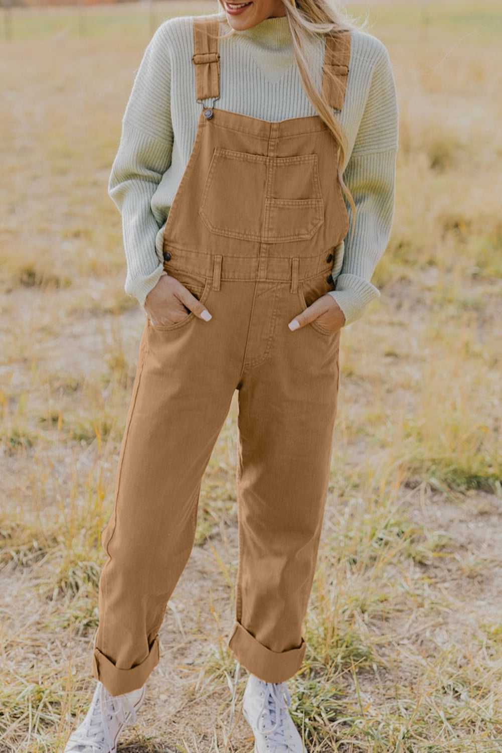 Khaki Vintage Multi Pockets Buckle Strap Cargo Denim Overalls - Dixie Hike & Style