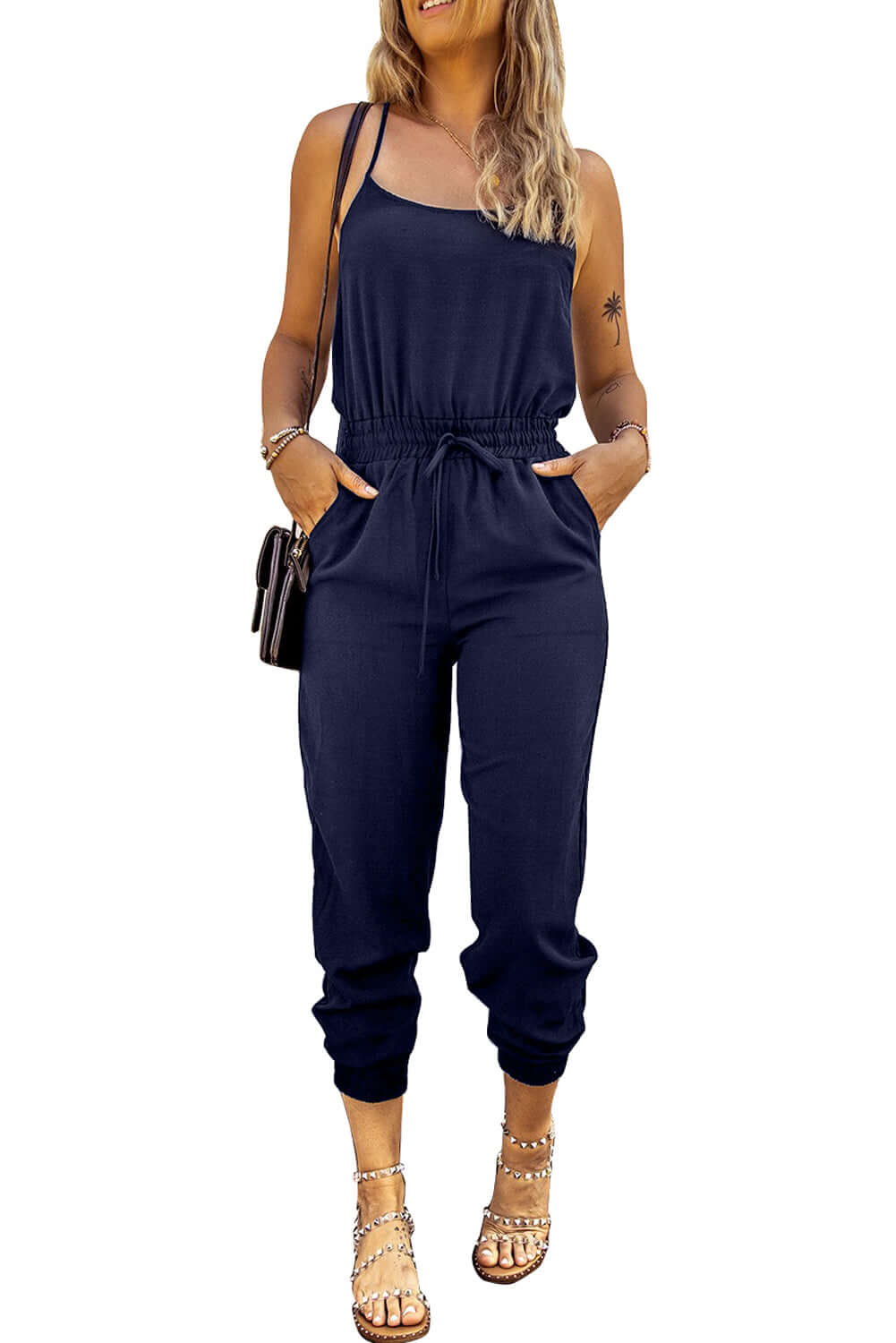 Blue Drawstring Waist Spaghetti Straps Jumpsuit - Dixie Hike & Style