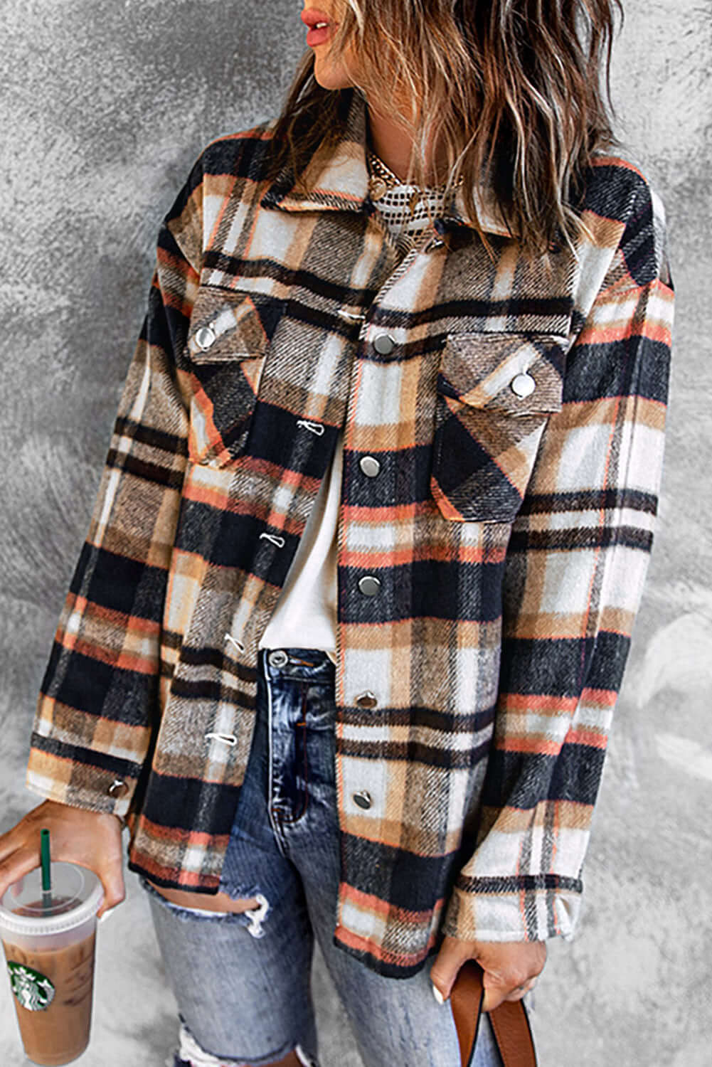 Geometric Plaid Print Pocketed Shacket - Dixie Hike & Style