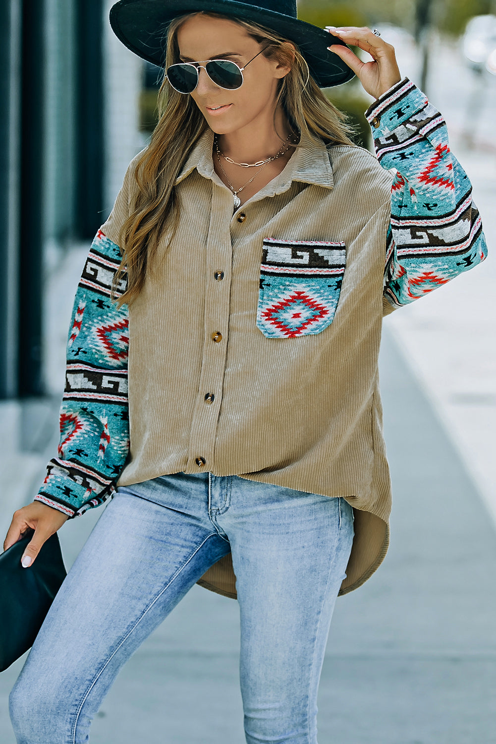 Khaki Aztec Pattern Sleeve Pocketed Corduroy Shacket - Dixie Hike & Style