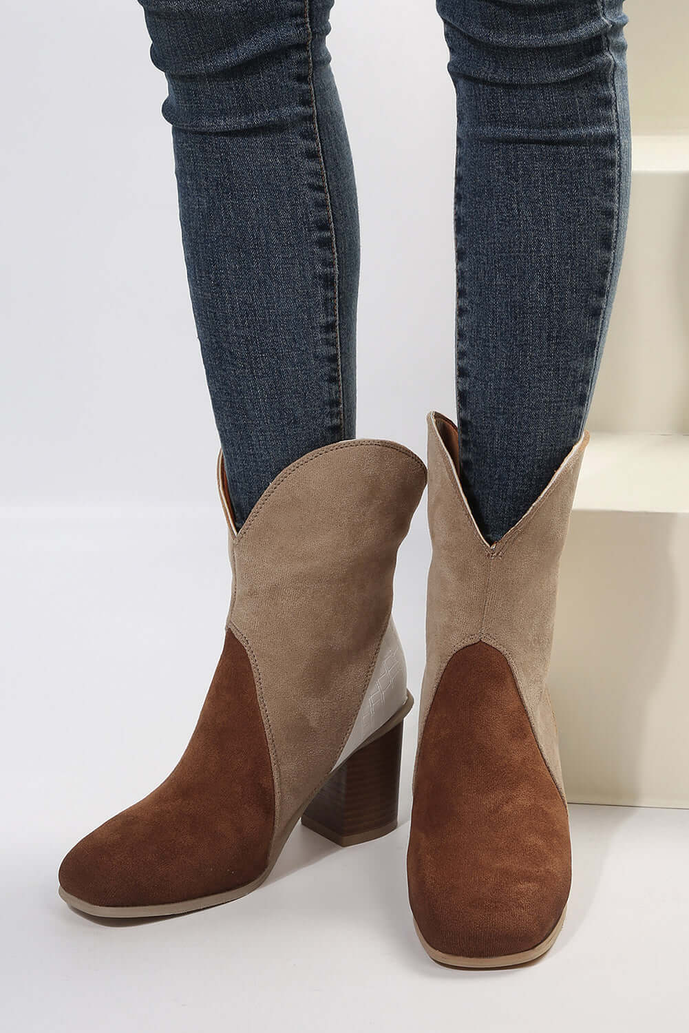 Chestnut Colorblock Suede Heeled Ankle Booties - Dixie Hike & Style