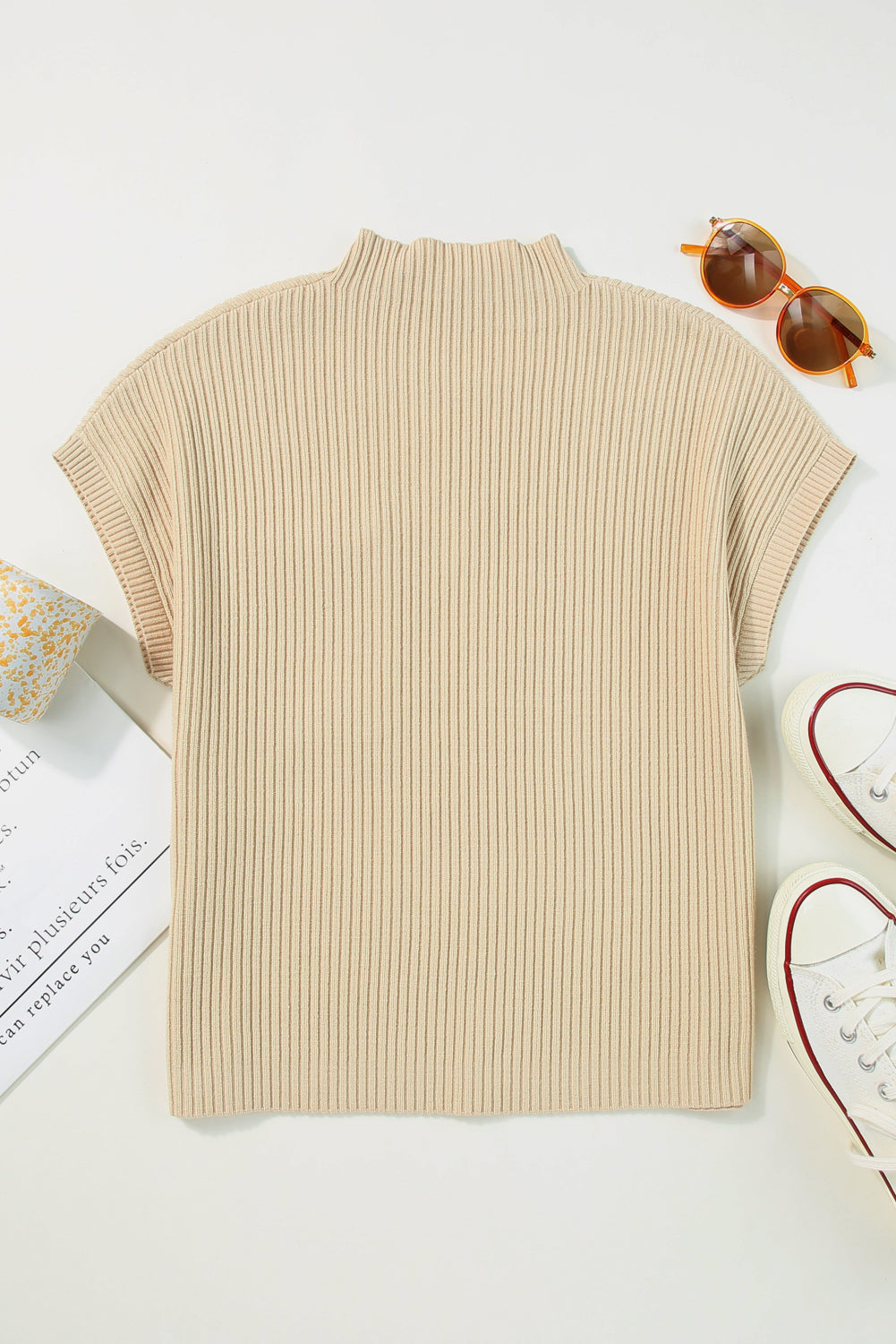 Oatmeal Patch Pocket Ribbed Knit Short Sleeve Sweater - Dixie Hike & Style