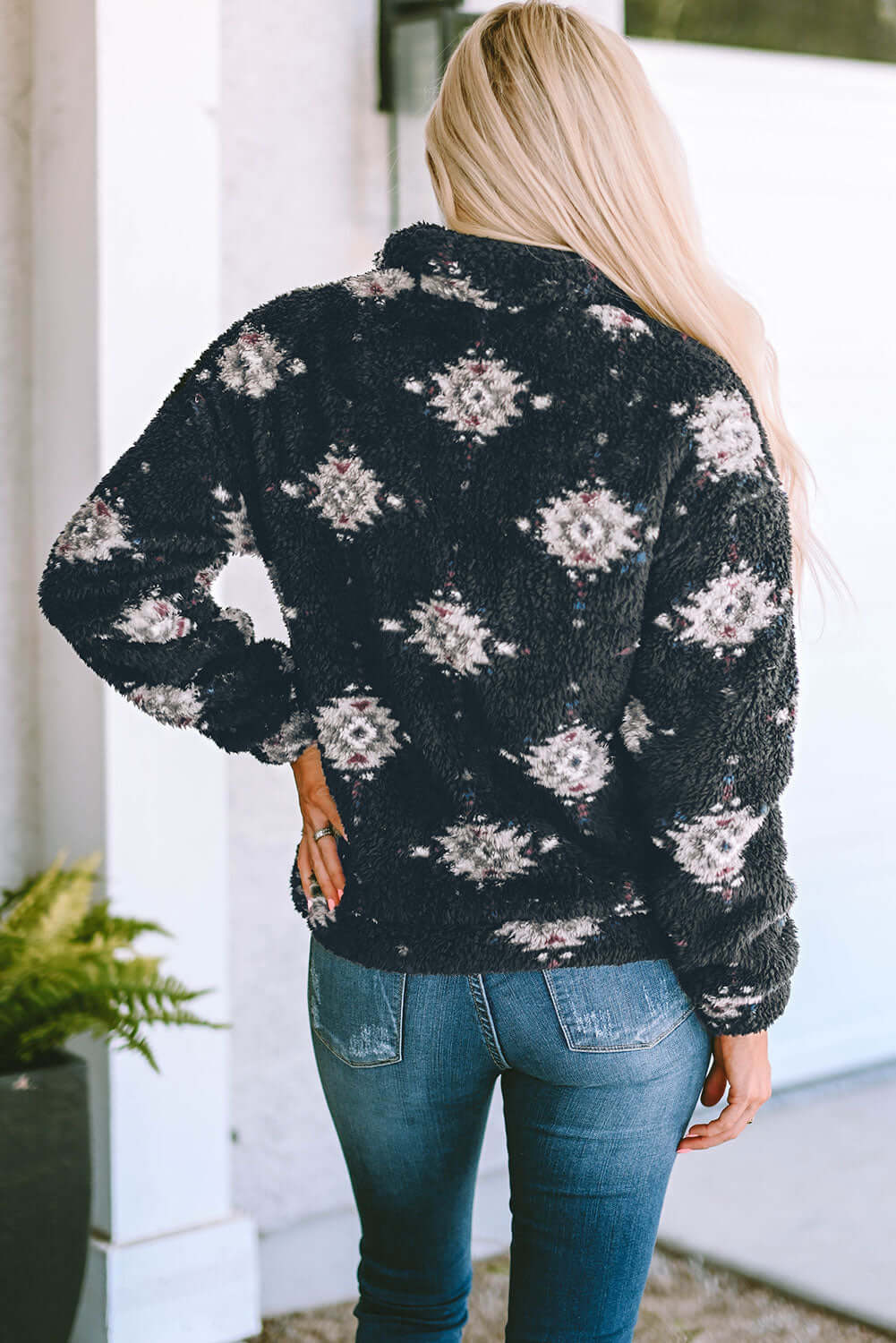 Black Aztec Pattern Zipper Collared Sherpa Jacket - Dixie Hike & Style
