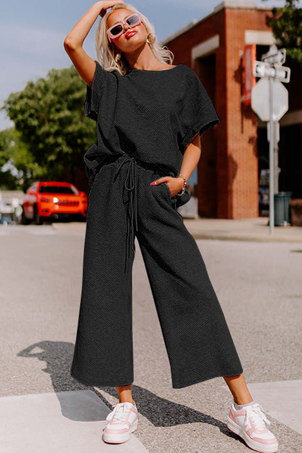 Black Textured Loose Fit T Shirt and Drawstring Pants Set - Dixie Hike & Style
