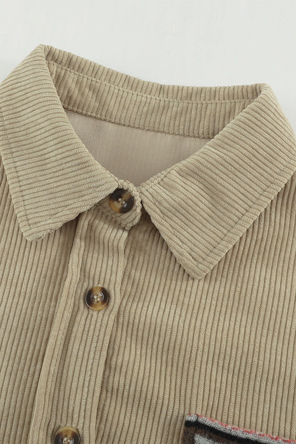Khaki Aztec Pattern Sleeve Pocketed Corduroy Shacket - Dixie Hike & Style