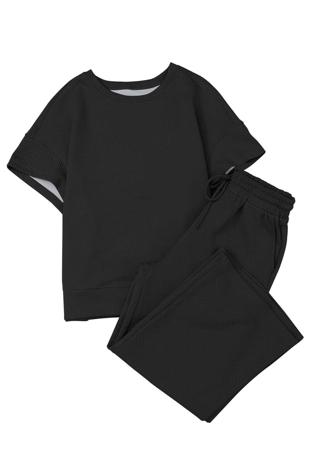 Black Textured Loose Fit T Shirt and Drawstring Pants Set - Dixie Hike & Style