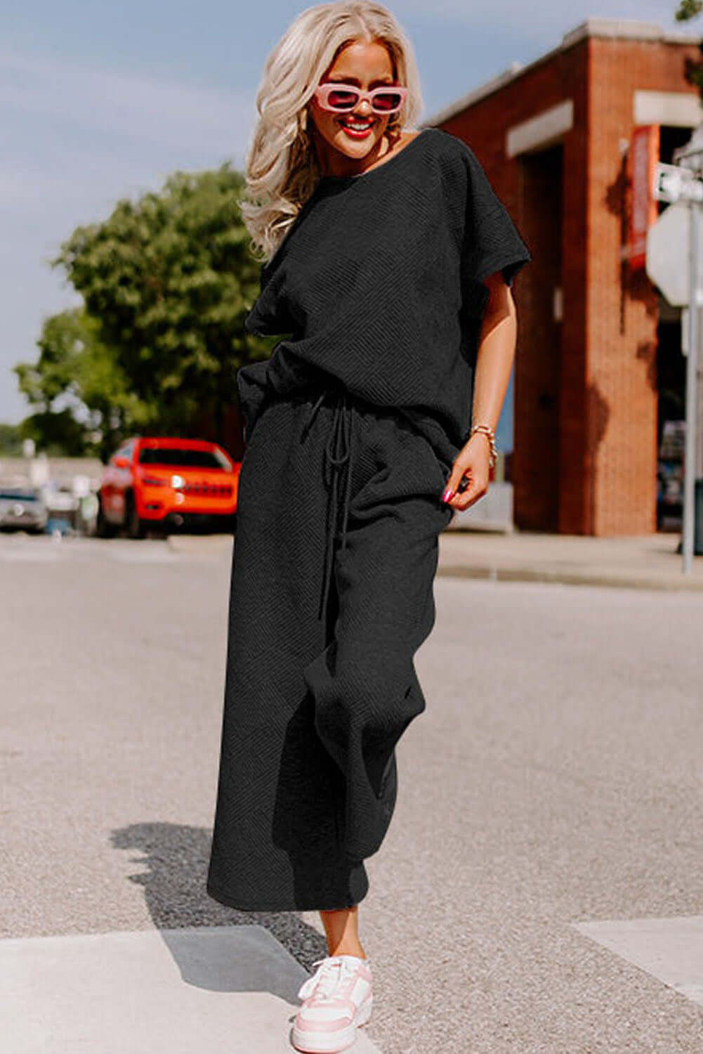 Black Textured Loose Fit T Shirt and Drawstring Pants Set - Dixie Hike & Style