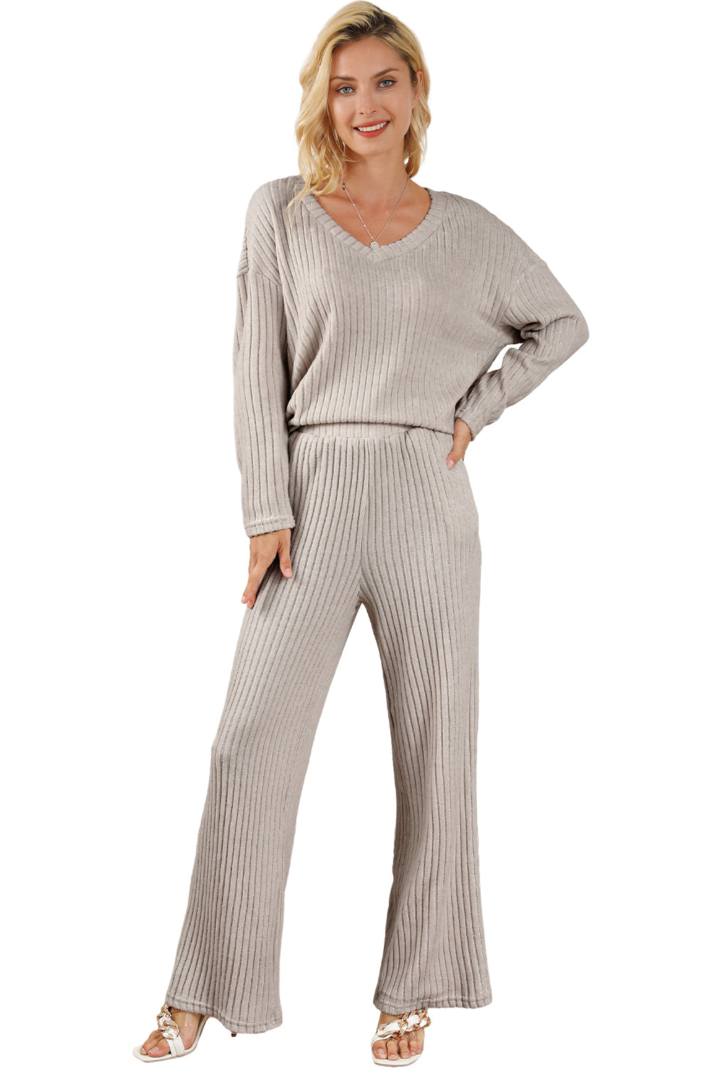 Khaki Ribbed Knit V Neck Slouchy Two-piece Outfit - Dixie Hike & Style